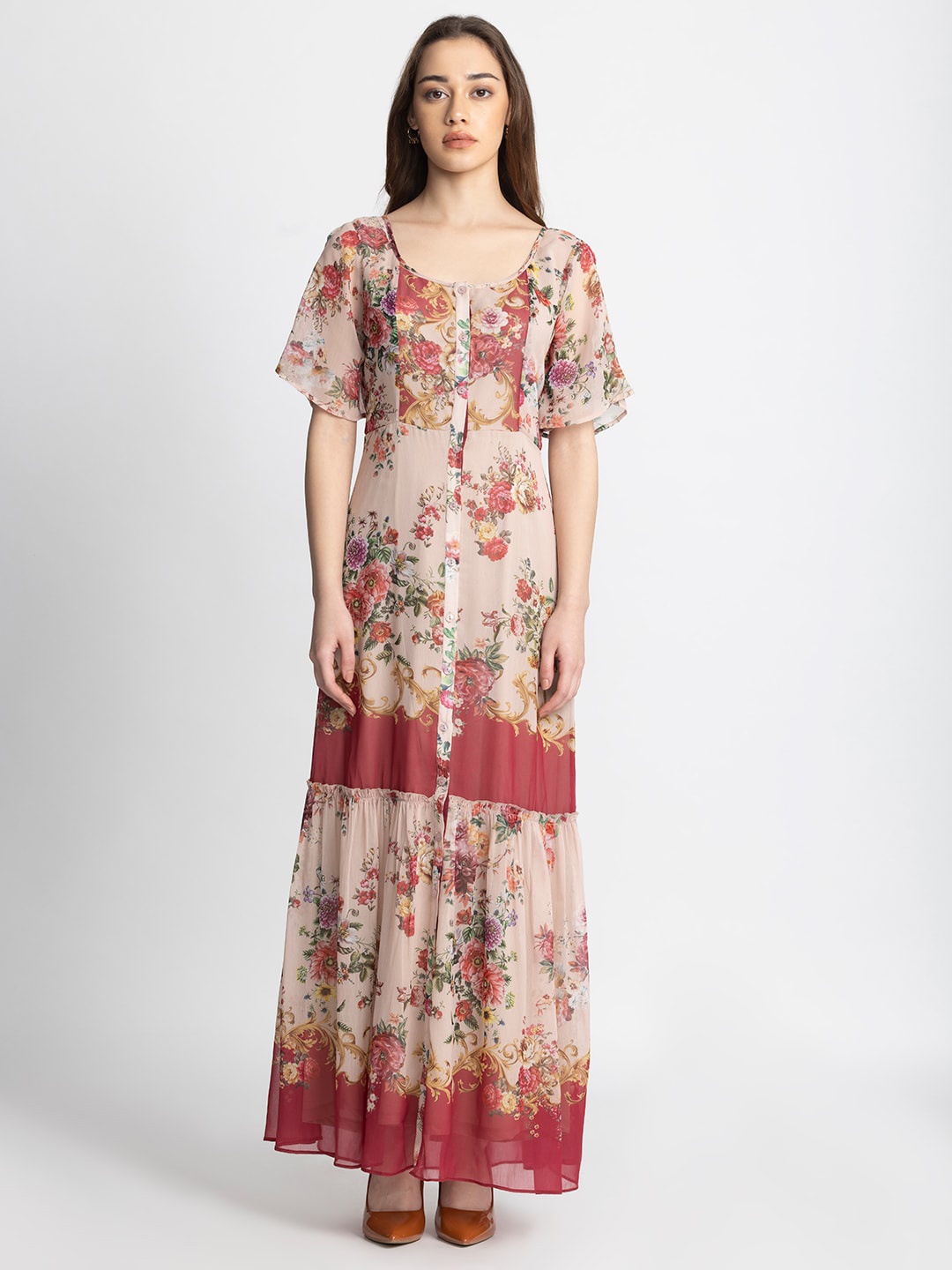 

SHAYE Short Slit Sleeves Floral Printed Maxi Dress, Beige