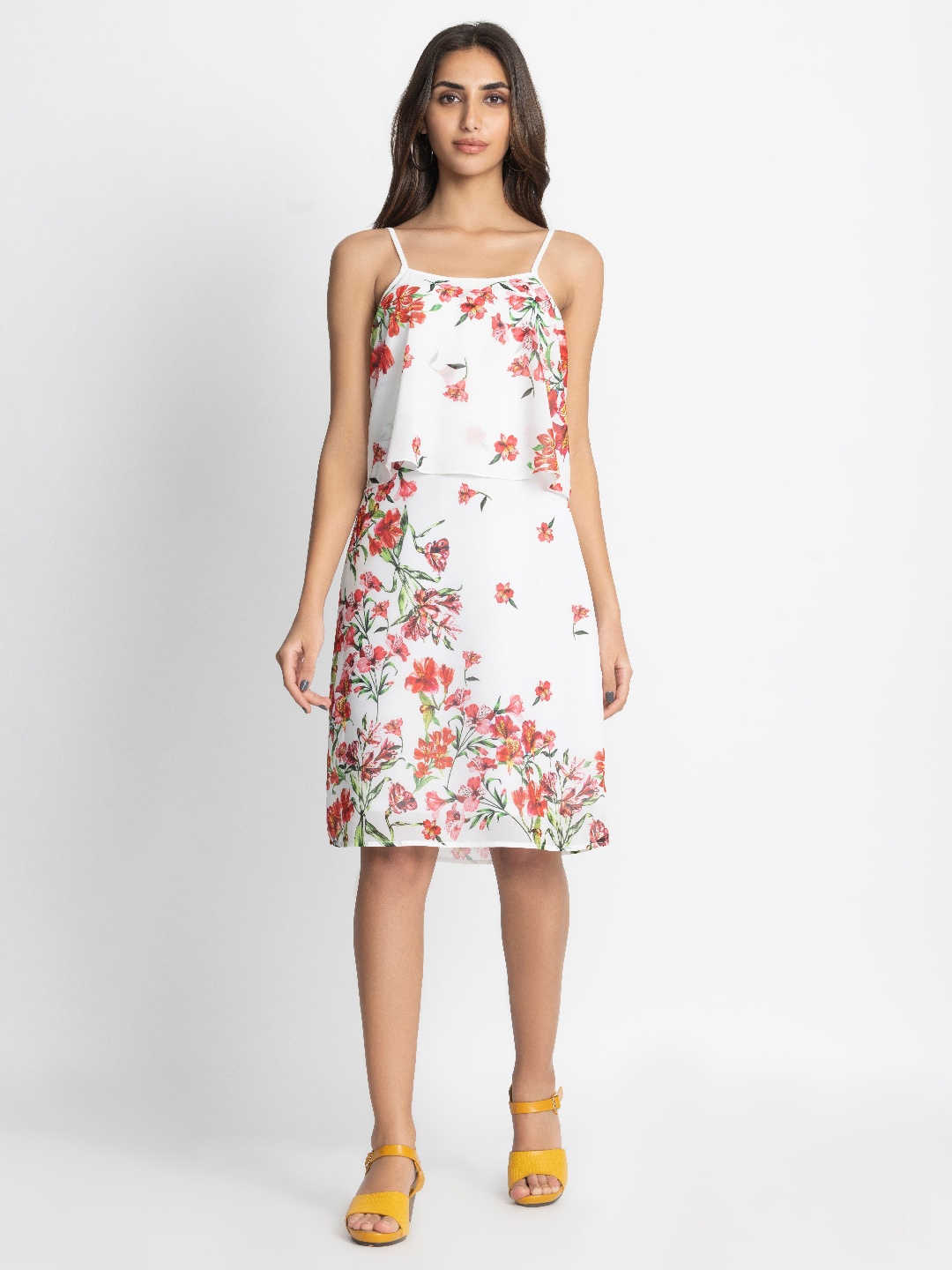 SHAYE Shoulder Straps Floral Georgette Sheath Dress, White
