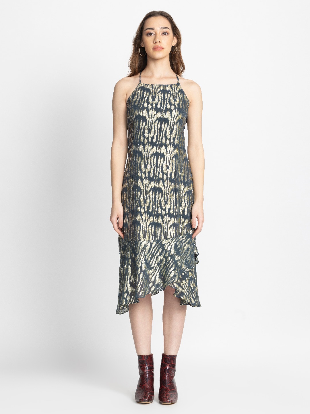 

SHAYE Self Design Georgette A-Line Midi Dress, Grey