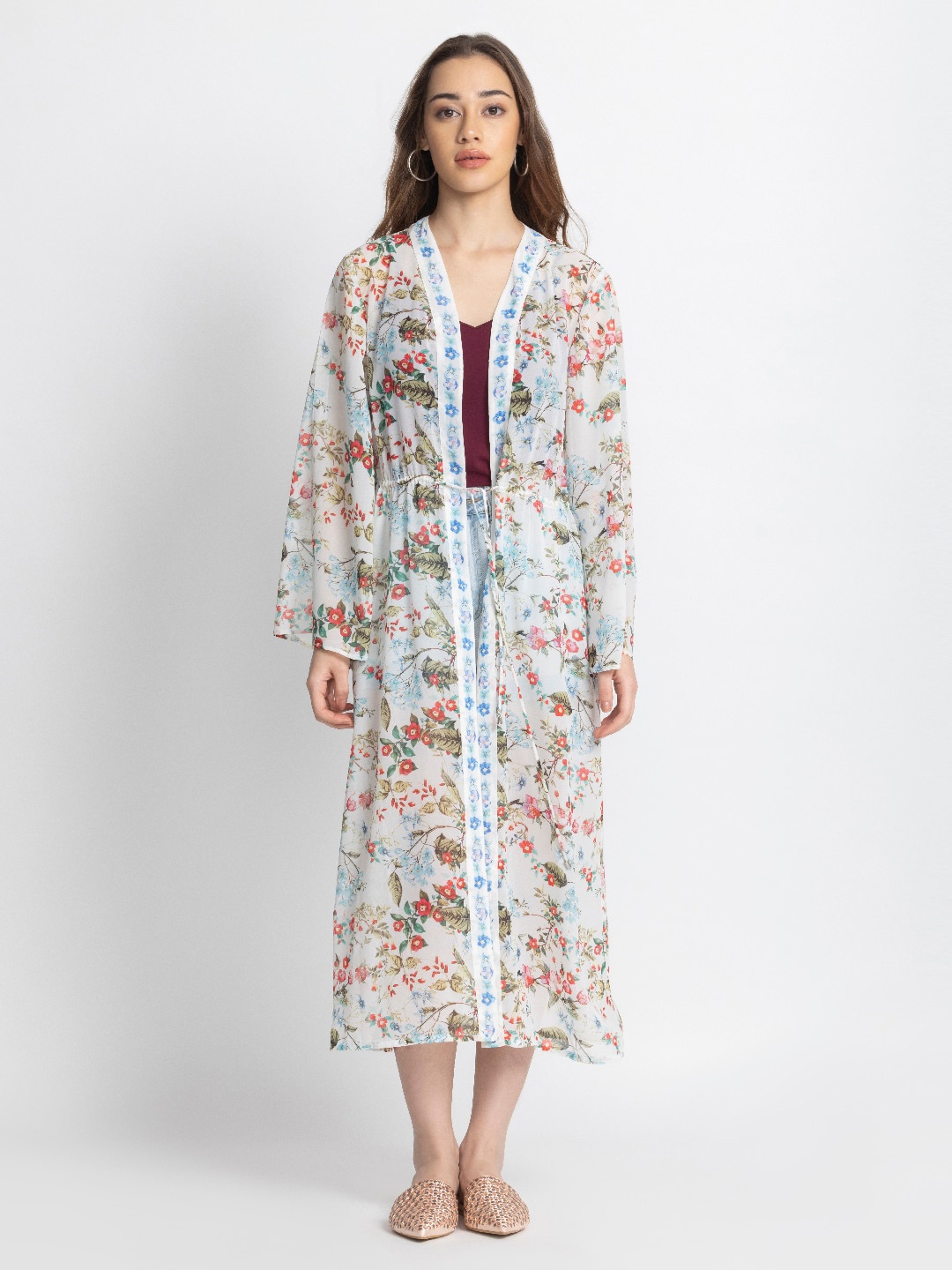 

SHAYE Women Floral Printed Longline Shrug, White