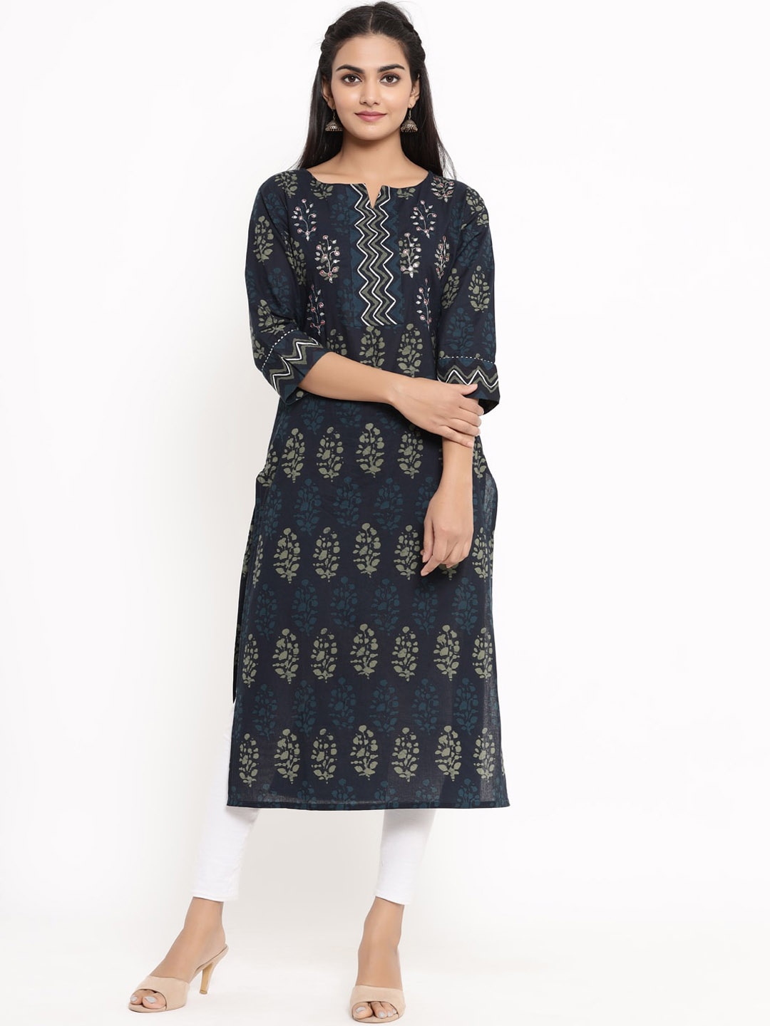 

Maaesa Ethnic Motifs Printed Mirror Work Pure Cotton Kurta, Blue