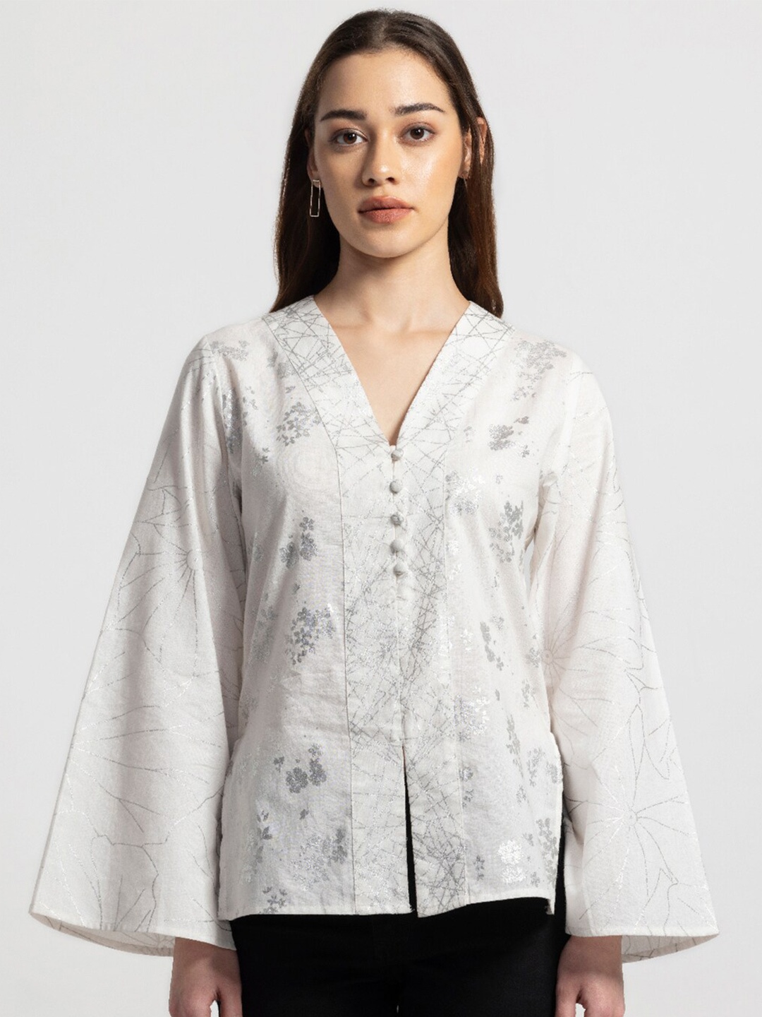 

SHAYE Silver Foil Floral Printed Kimono Sleeves Cotton Top, White