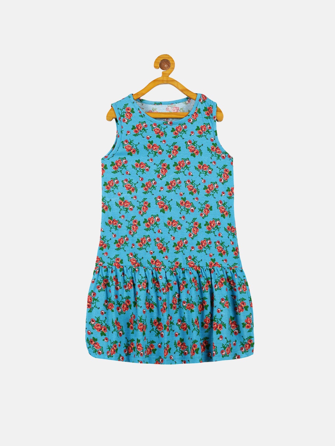 

KiddoPanti Sleeveless Floral Printed Drop-Waist Cotton Dress, Blue