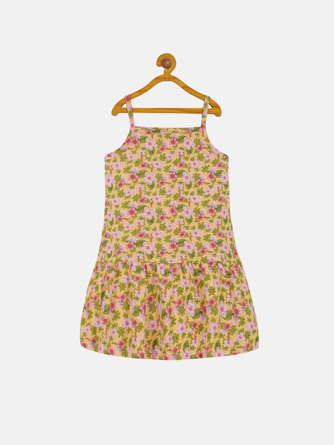 

KiddoPanti Girls Pure Cotton Floral Printed Drop-Waist Dress, Yellow