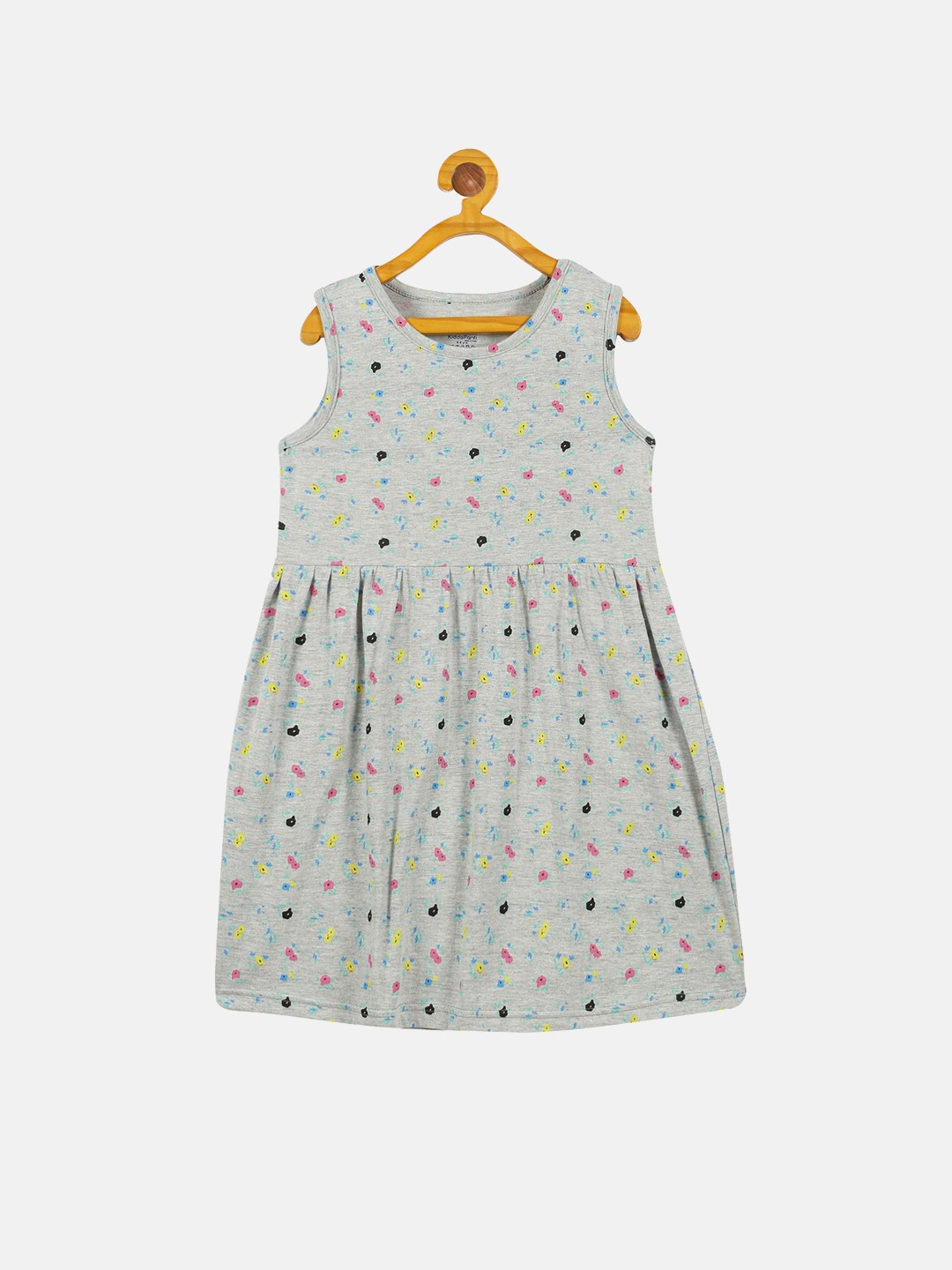 

KiddoPanti Girls Floral Printed Sleeveless Fit & Flare Cotton Dress, Grey melange