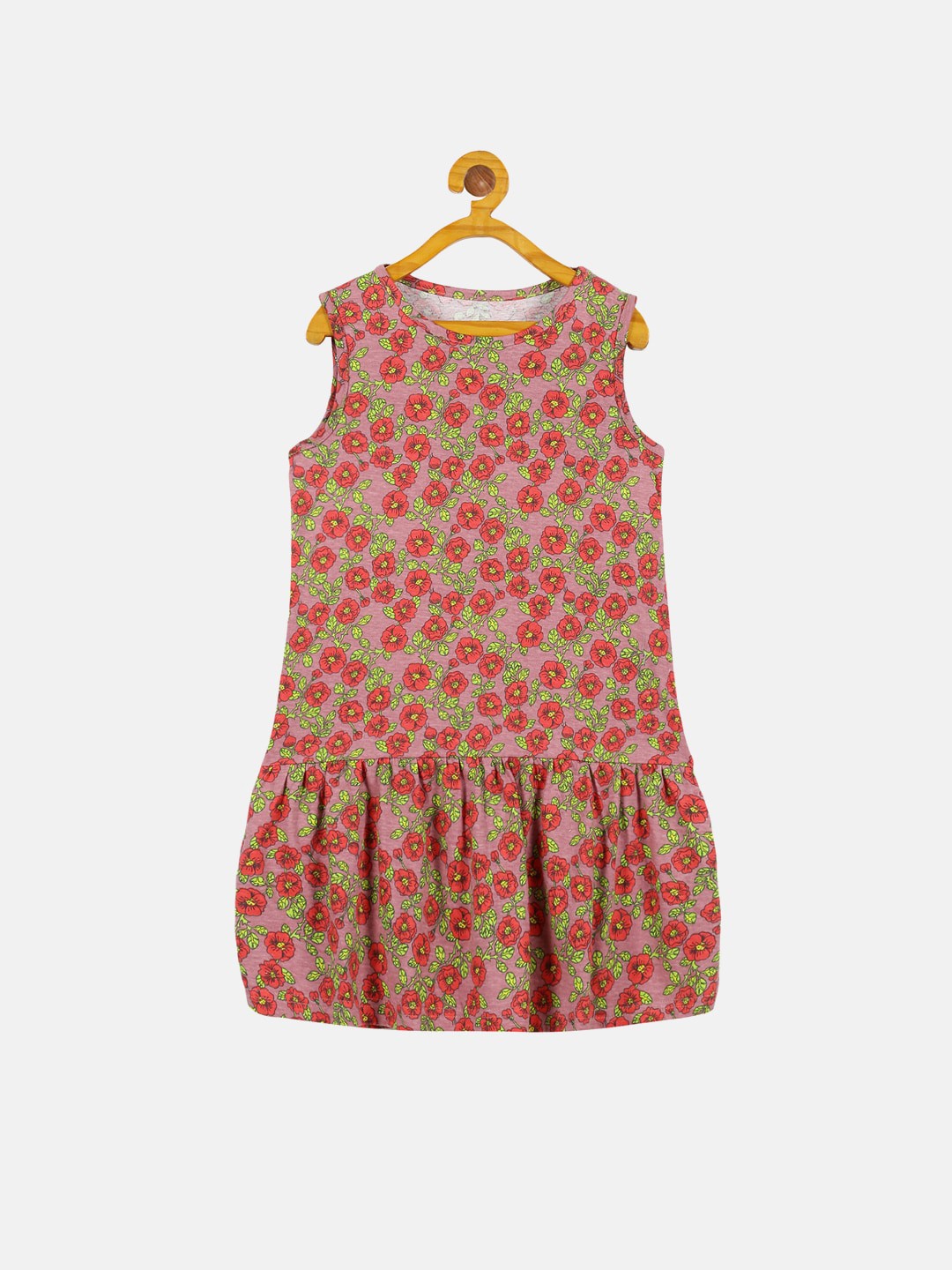 

KiddoPanti Girls Floral Printed Pure Cotton Drop-Waist Dress, Rose