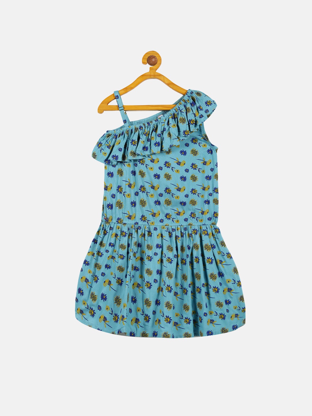 

KiddoPanti Girls One Shoulder Floral Printed A-Line Dress, Blue