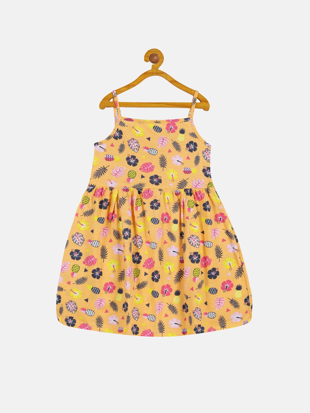 

KiddoPanti Girls Floral Printed Shoulder Strap Fit & Flare Cotton Dress, Peach