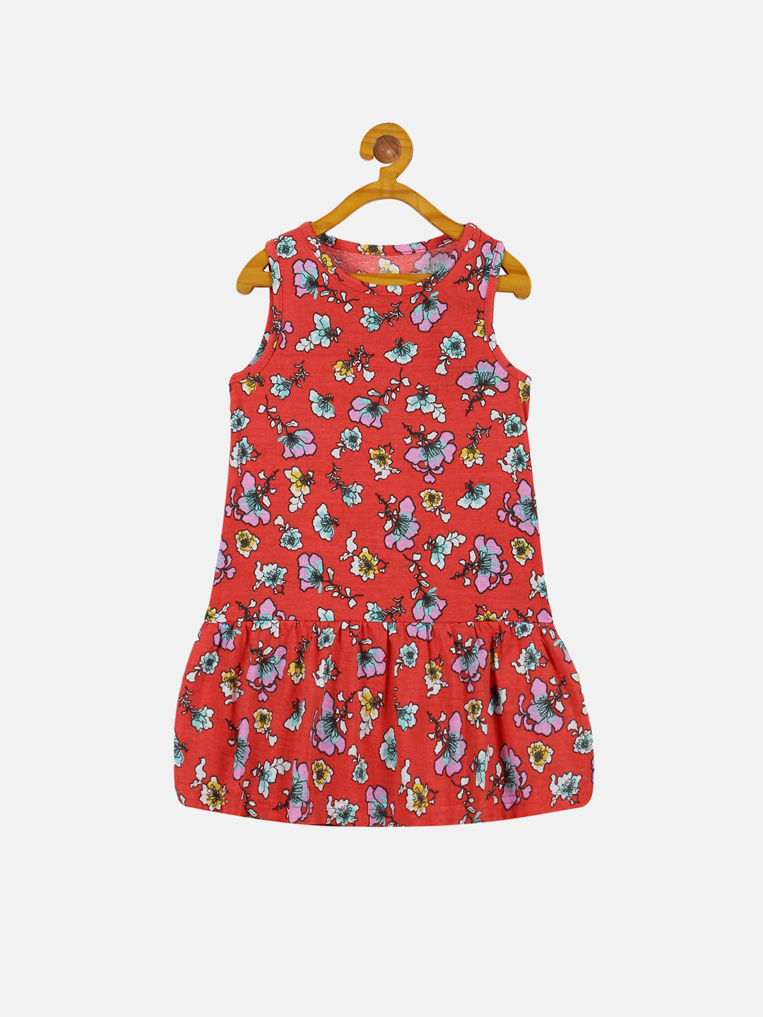 

KiddoPanti Girls Floral Printed Pure Cotton Drop-Waist Dress, Red
