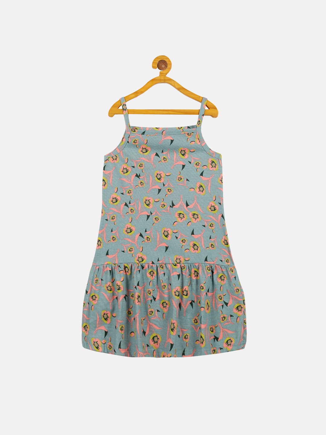 

KiddoPanti Girls Floral Printed Shoulder Straps Fit & Flare Cotton Dress, Grey