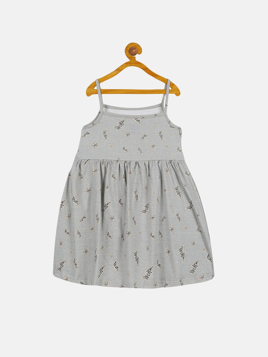 

KiddoPanti Girls Shoulder Straps Printed Pure Cotton A-Line Dress, Grey