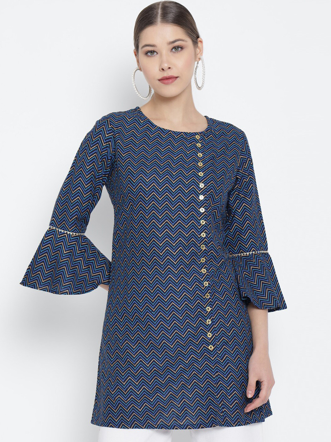 

YASH GALLERY Woven Design Bell Sleeves Straight Kurta, Blue