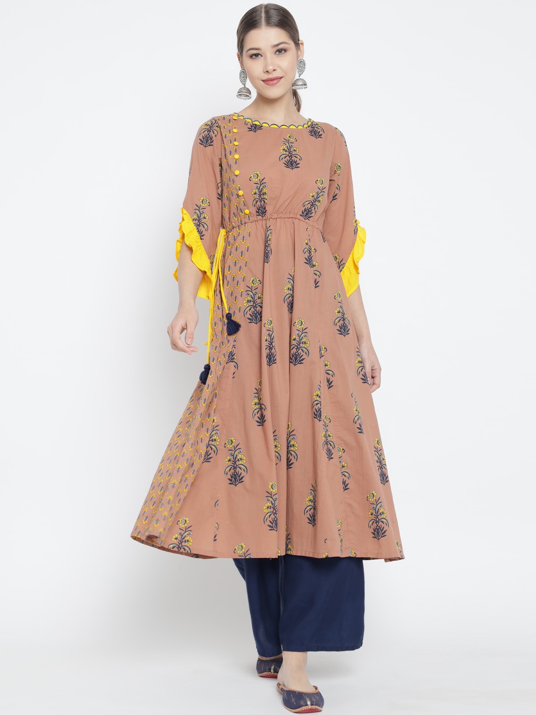 

YASH GALLERY Floral Printed Keyhole Neck Flared Sleeves Thread Work Anarkali Cotton Kurta, Peach