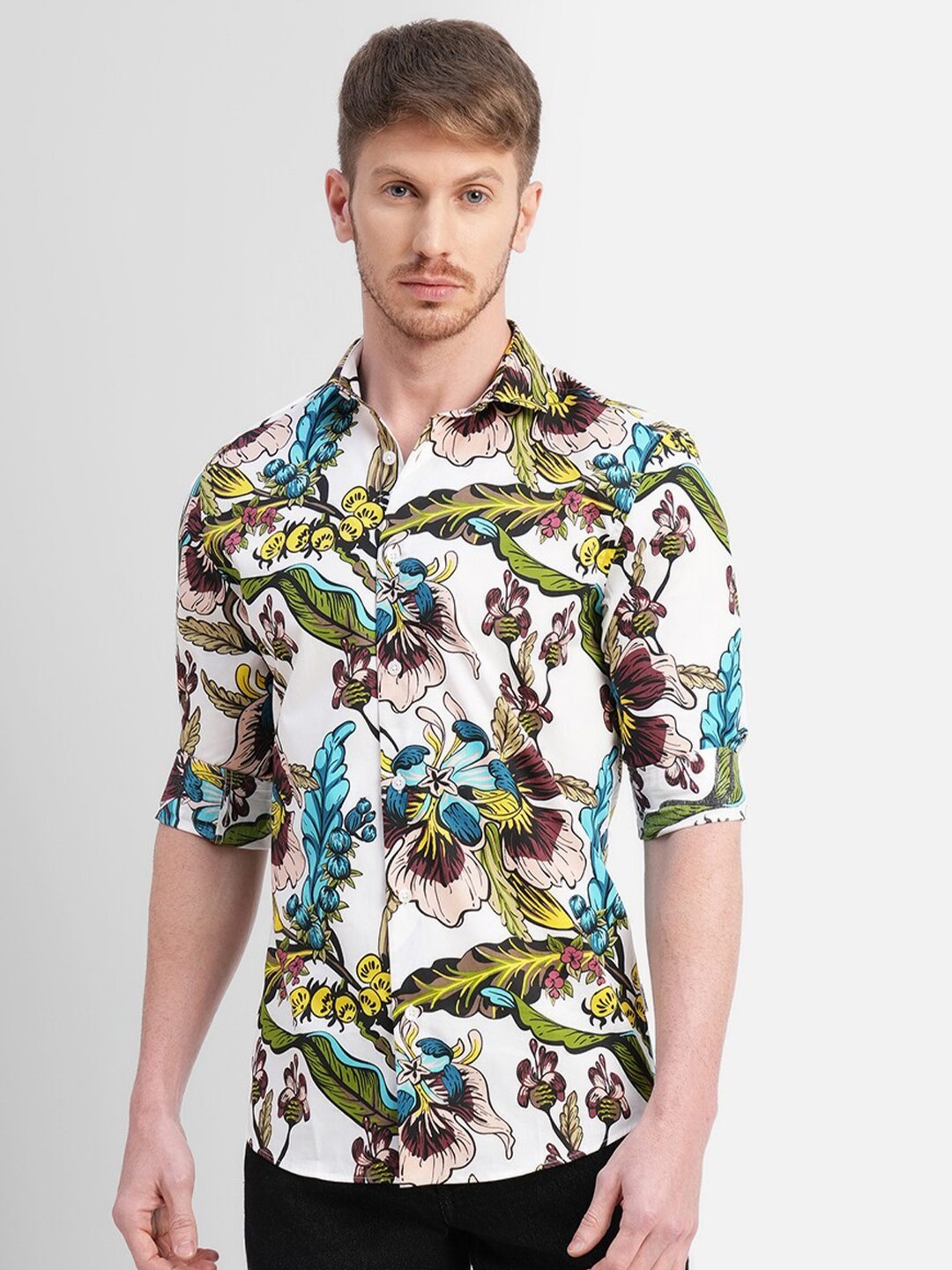 

Jack & Jones Short Sleeves Slim Fit Floral Printed Casual Cotton Shirt, White