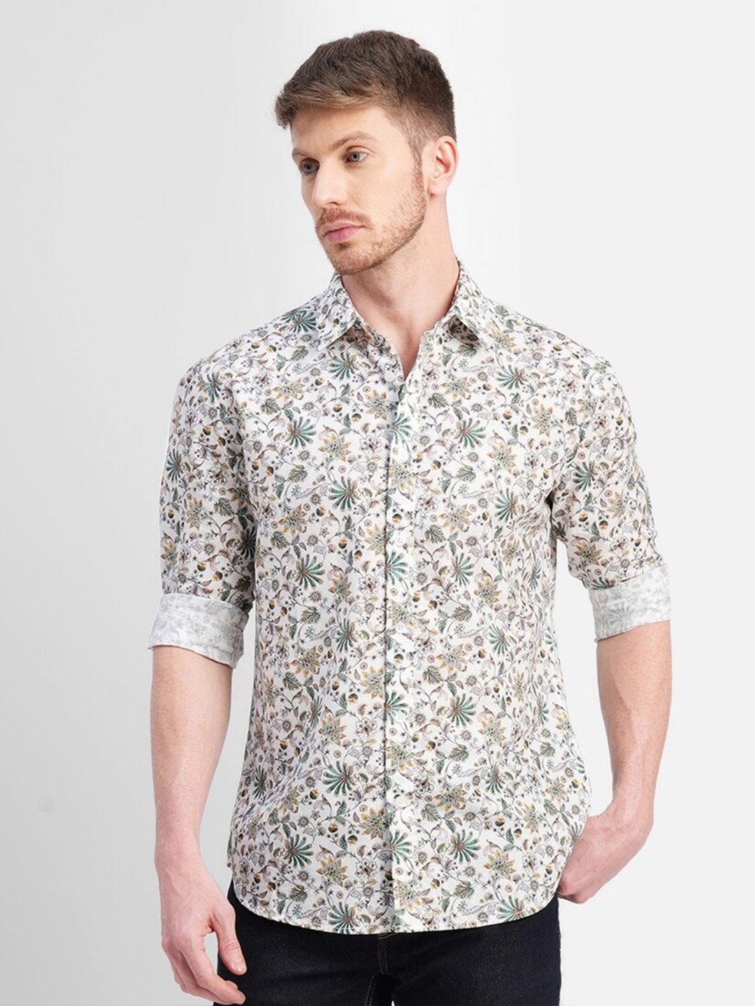 

Jack & Jones Short Sleeves Slim Fit Floral Printed Casual Cotton Shirt, White