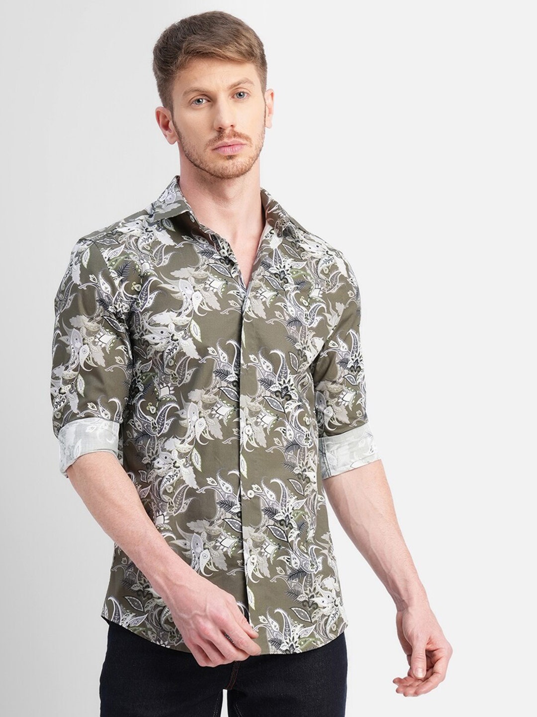 

Jack & Jones Slim Fit Ethnic Printed Casual Cotton Shirt, Olive