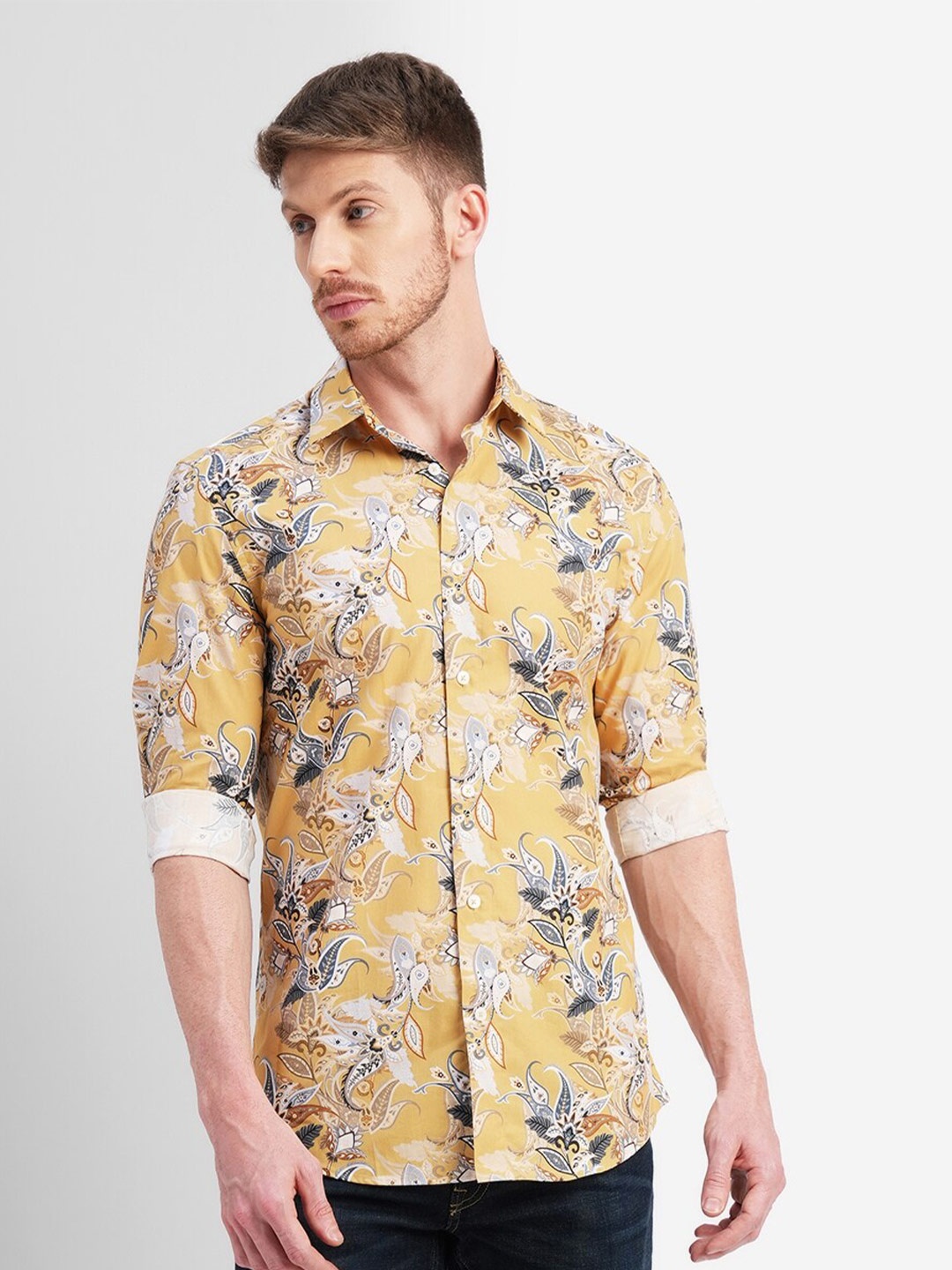 

Jack & Jones Slim Fit Ethnic Motifs Printed Casual Cotton Shirt, Yellow