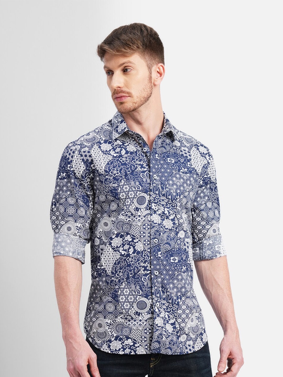 

Jack & Jones Short Sleeves Slim Fit Abstract Printed Casual Cotton Shirt, Blue