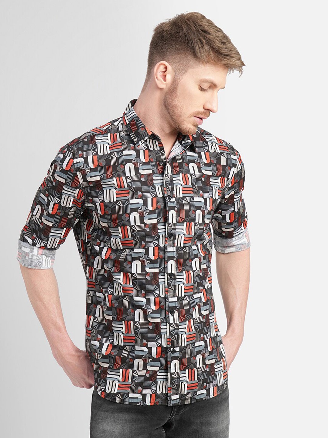 

Jack & Jones Slim Fit Geometric Printed Casual Shirt, Black