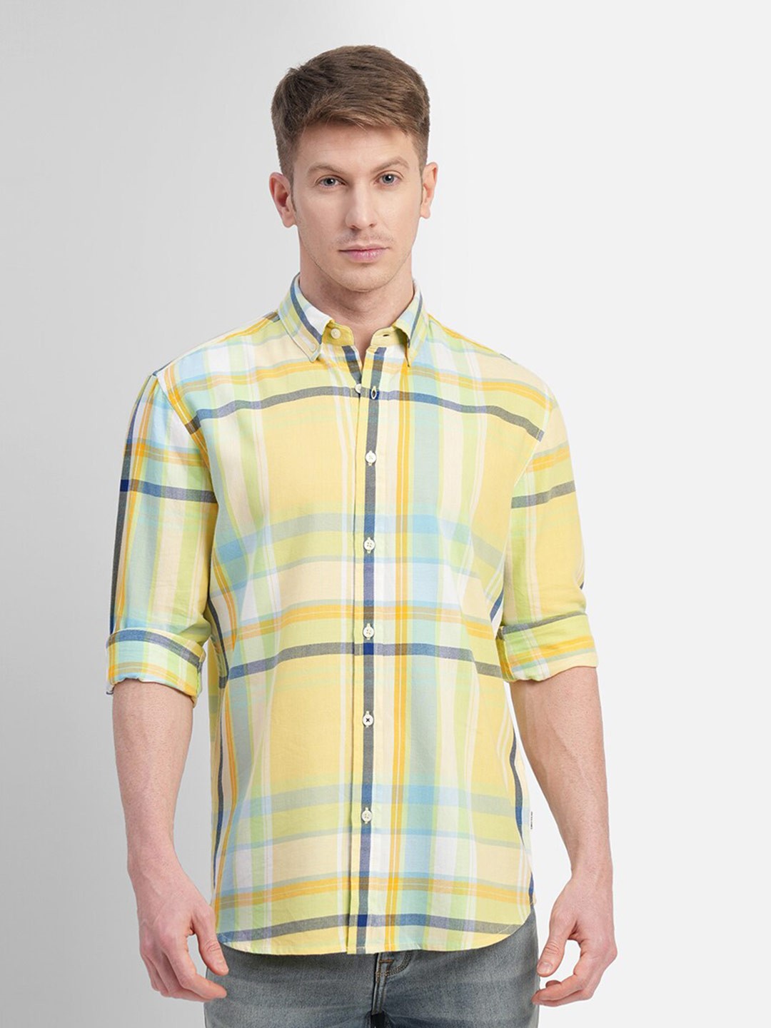 

Jack & Jones Slim Fit Gingham Checks Checked Cotton Casual Shirt, Yellow