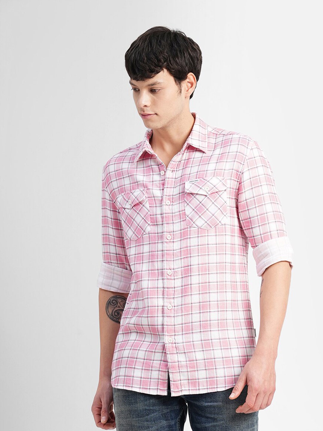 

Jack & Jones Men Slim Fit Tartan Checked Casual Cotton Shirt, Pink