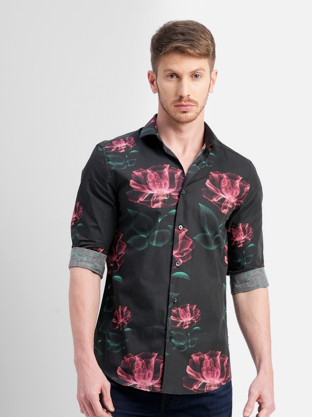 

Jack & Jones Slim Fit Floral Printed Casual Cotton Shirt, Black