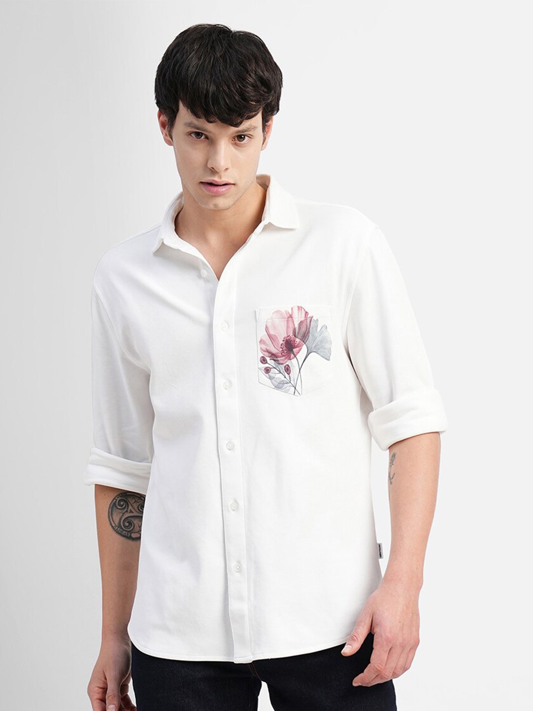 

Jack & Jones Patch Pocket Slim Fit Floral Printed Casual Cotton Shirt, White