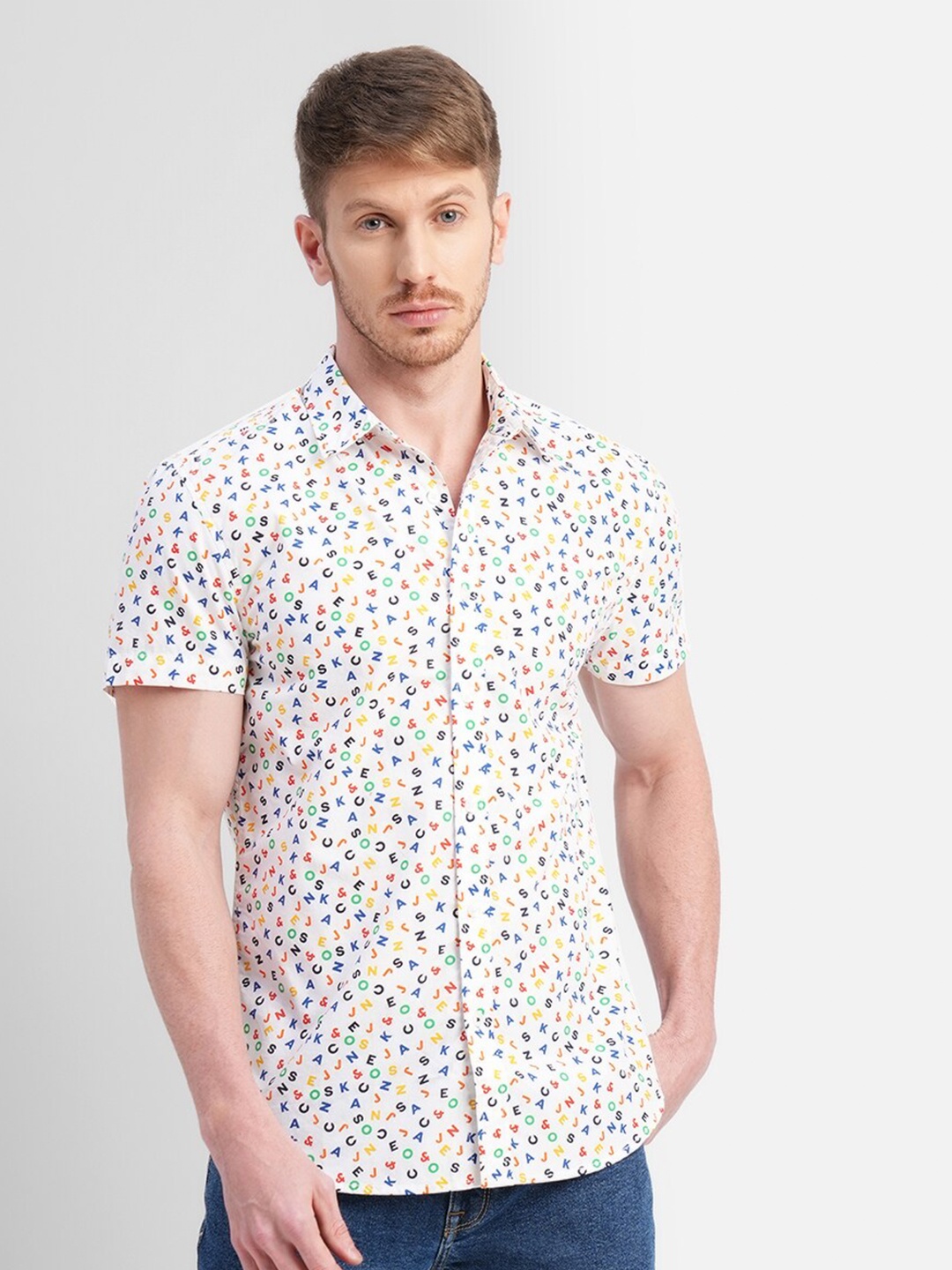 

Jack & Jones Typography Printed Cotton Slim Fit Casual Shirt, White