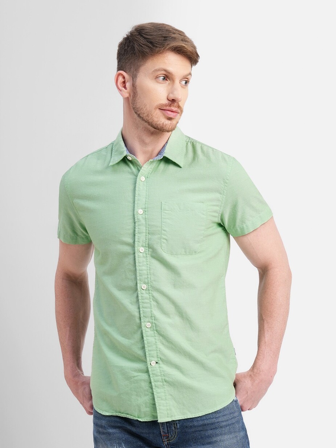 

Jack & Jones Short Sleeves Patch Pocket Slim Fit Casual Cotton Shirt, Green