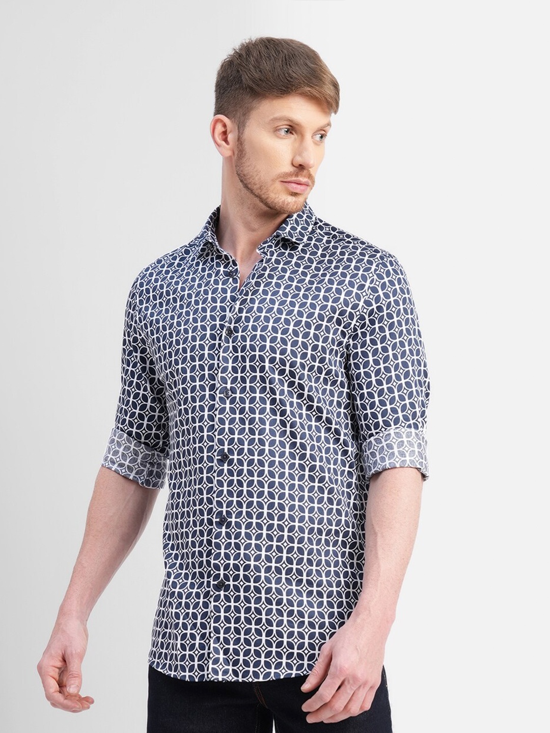 

Jack & Jones Long Button Cuff Sleeves Slim Fit Printed Casual Cotton Shirt, Blue