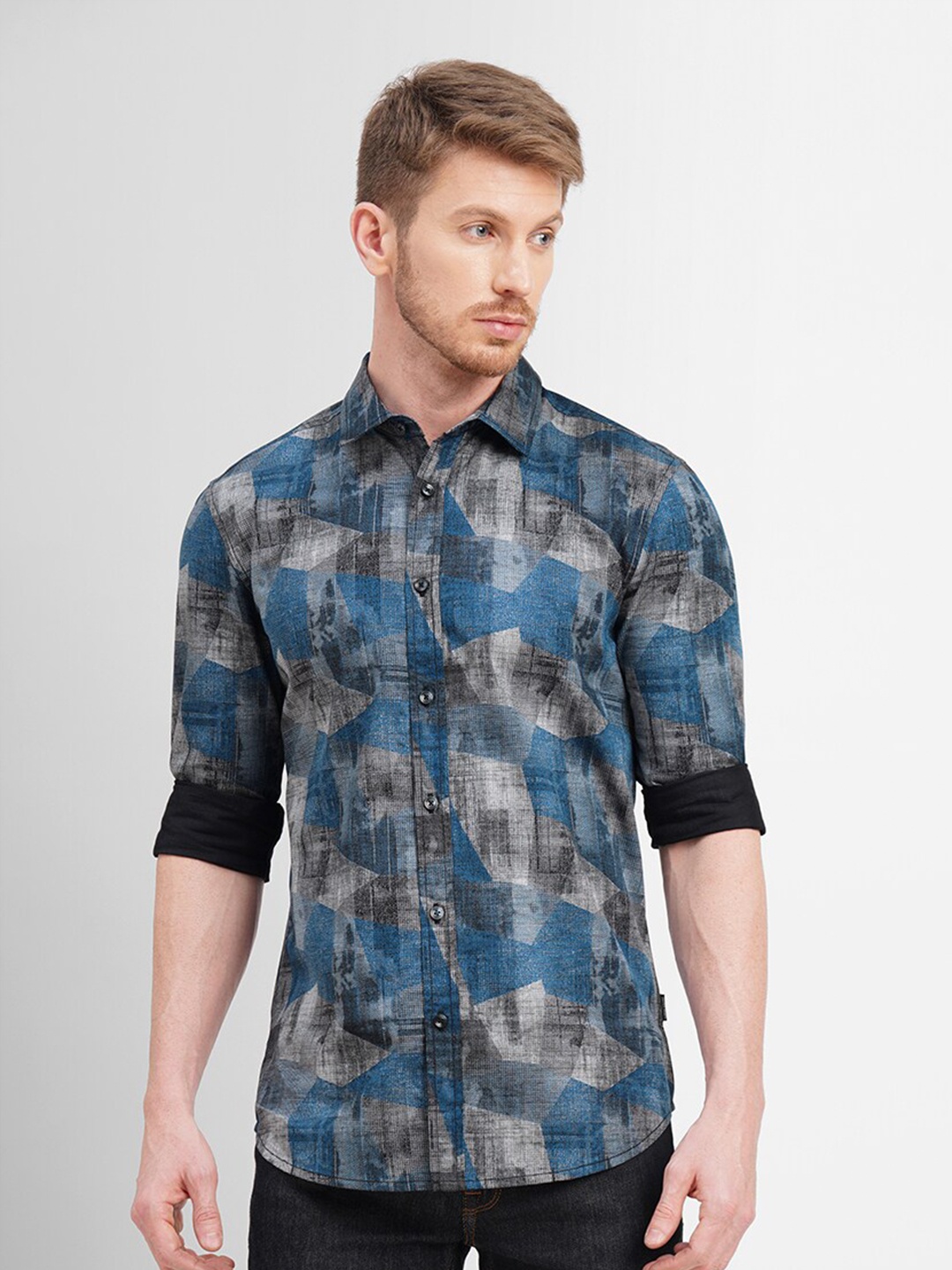 

Jack & Jones Slim Fit Abstract Printed Casual Cotton Shirt, Navy blue