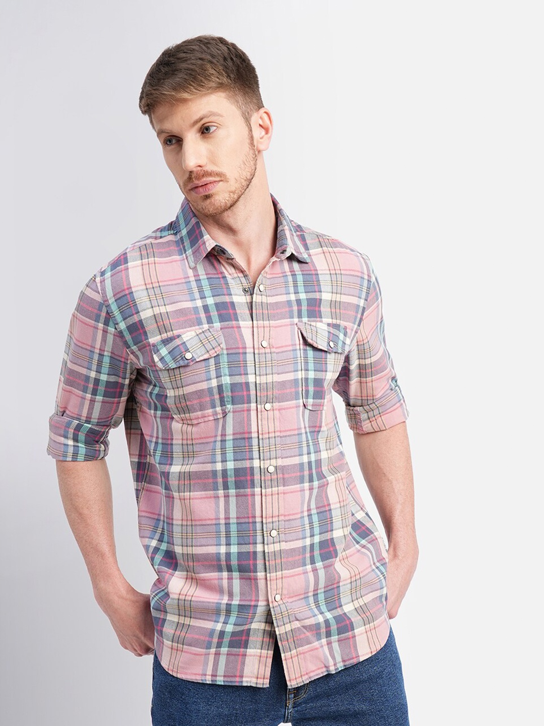 

Jack & Jones Slim Fit Tartan Checks Cotton Casual Shirt, Pink