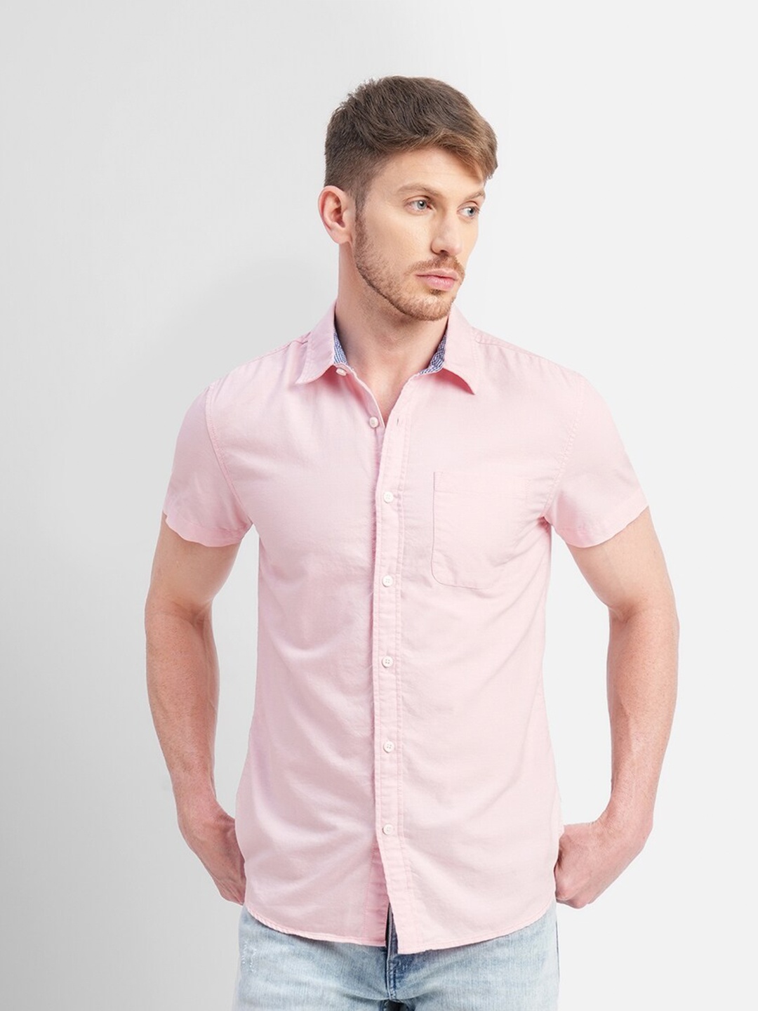 

Jack & Jones Short Sleeves Slim Fit Casual Cotton Shirt, Pink