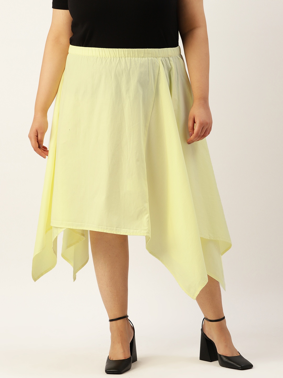 

theRebelinme Plus Size Asymmetrical Midi Pure Cotton Skirt, Yellow