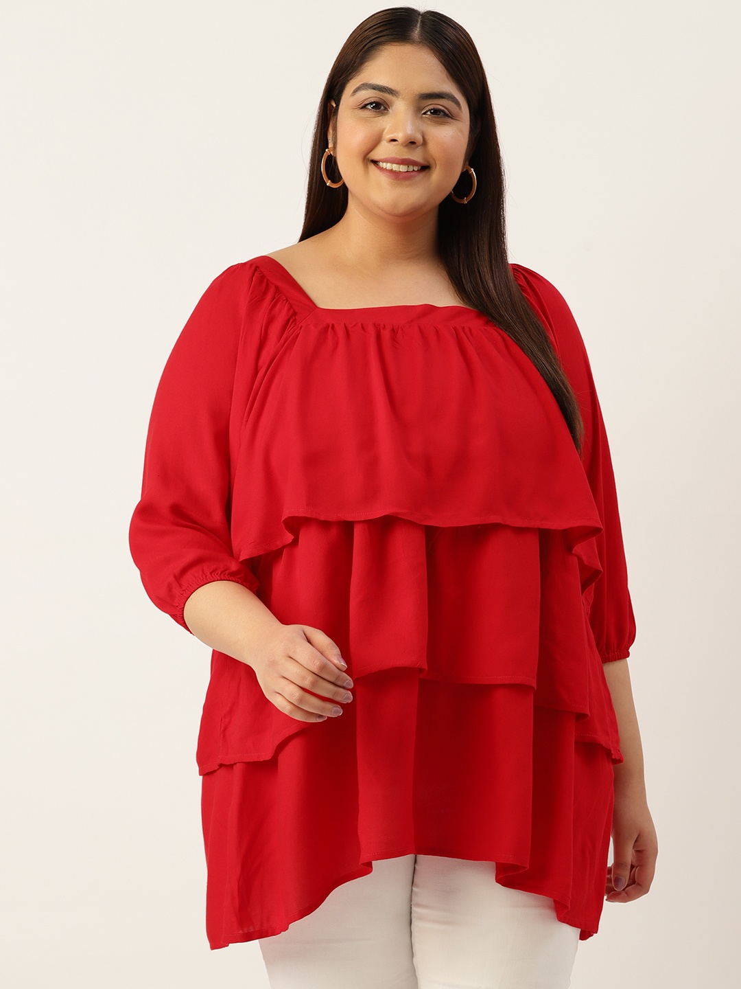 

theRebelinme Plus Size Puff Sleeves Layered Longline Top, Red