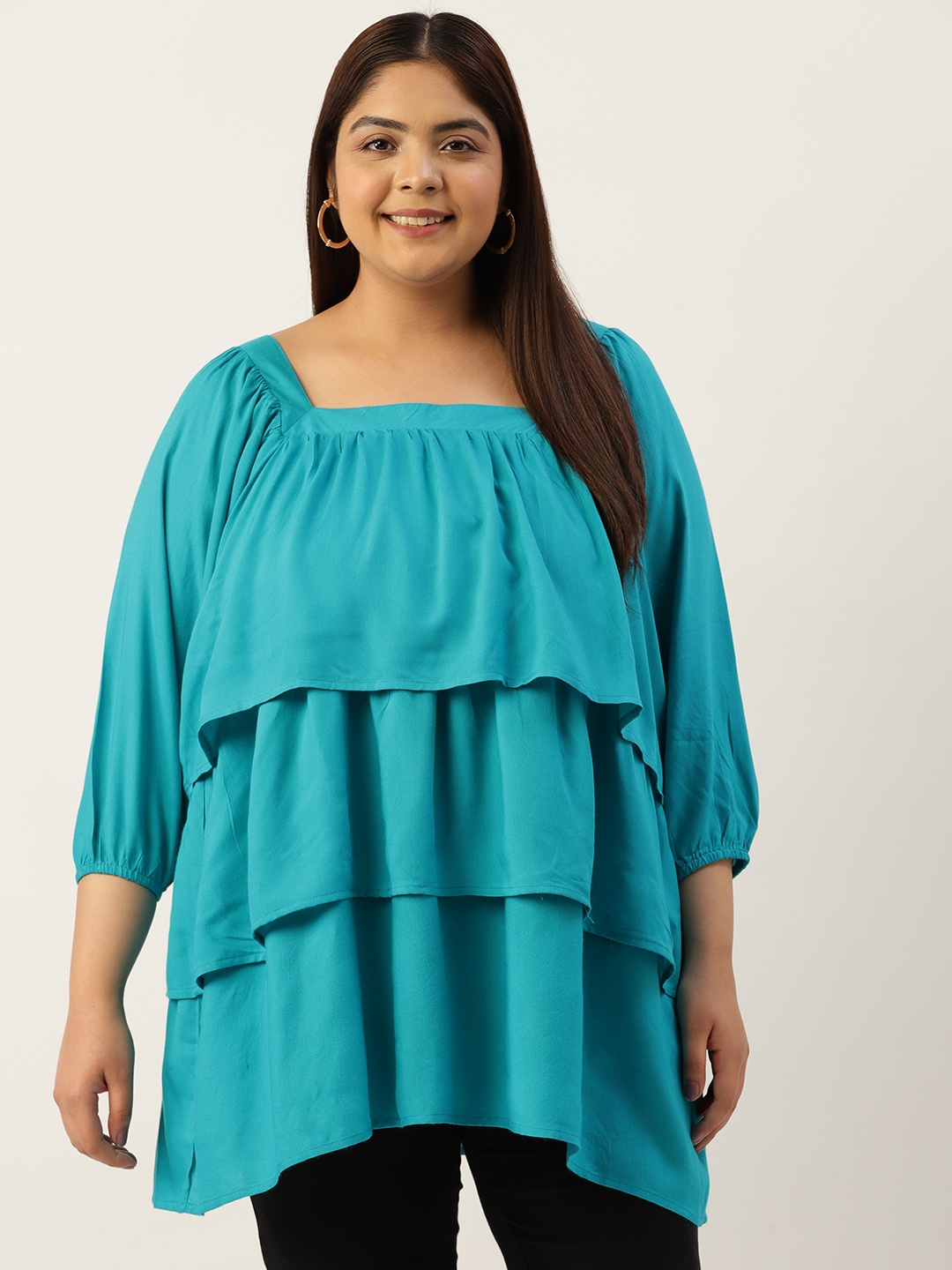 

theRebelinme Plus Size Puff Sleeves Layered Longline Top, Turquoise blue