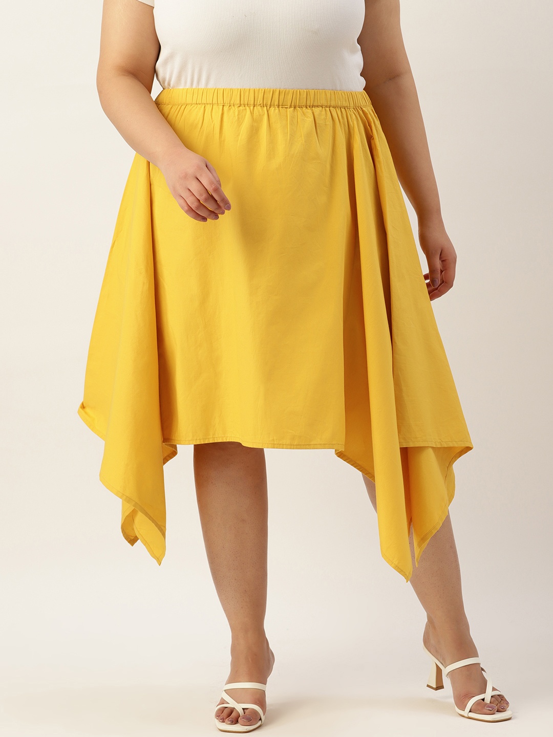 

theRebelinme Plus Size Asymmetrical Midi Pure Cotton Skirt, Mustard