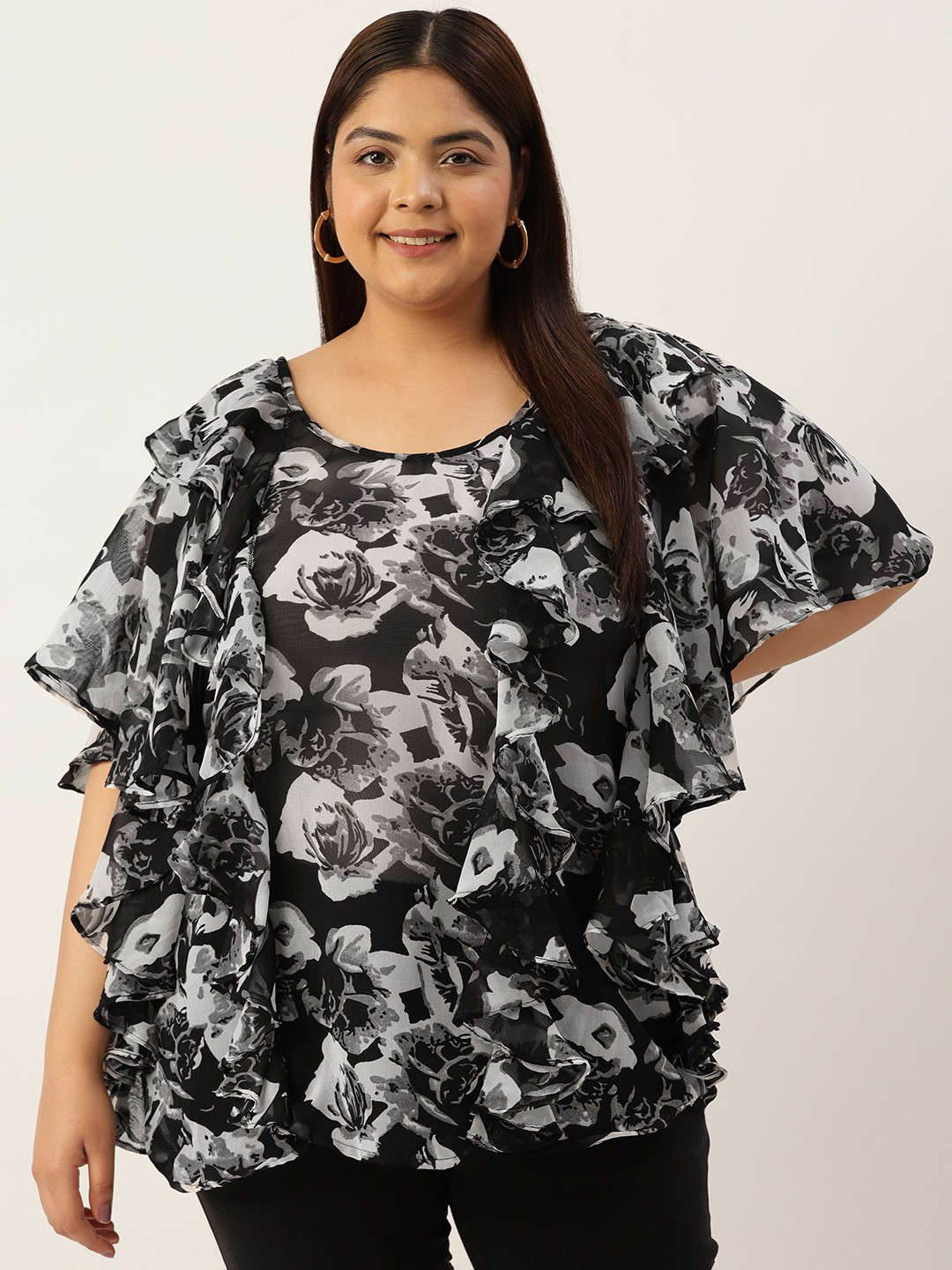 

theRebelinme Plus Size Floral Print Flared Sleeves Ruffled Georgette Longline Top, Black