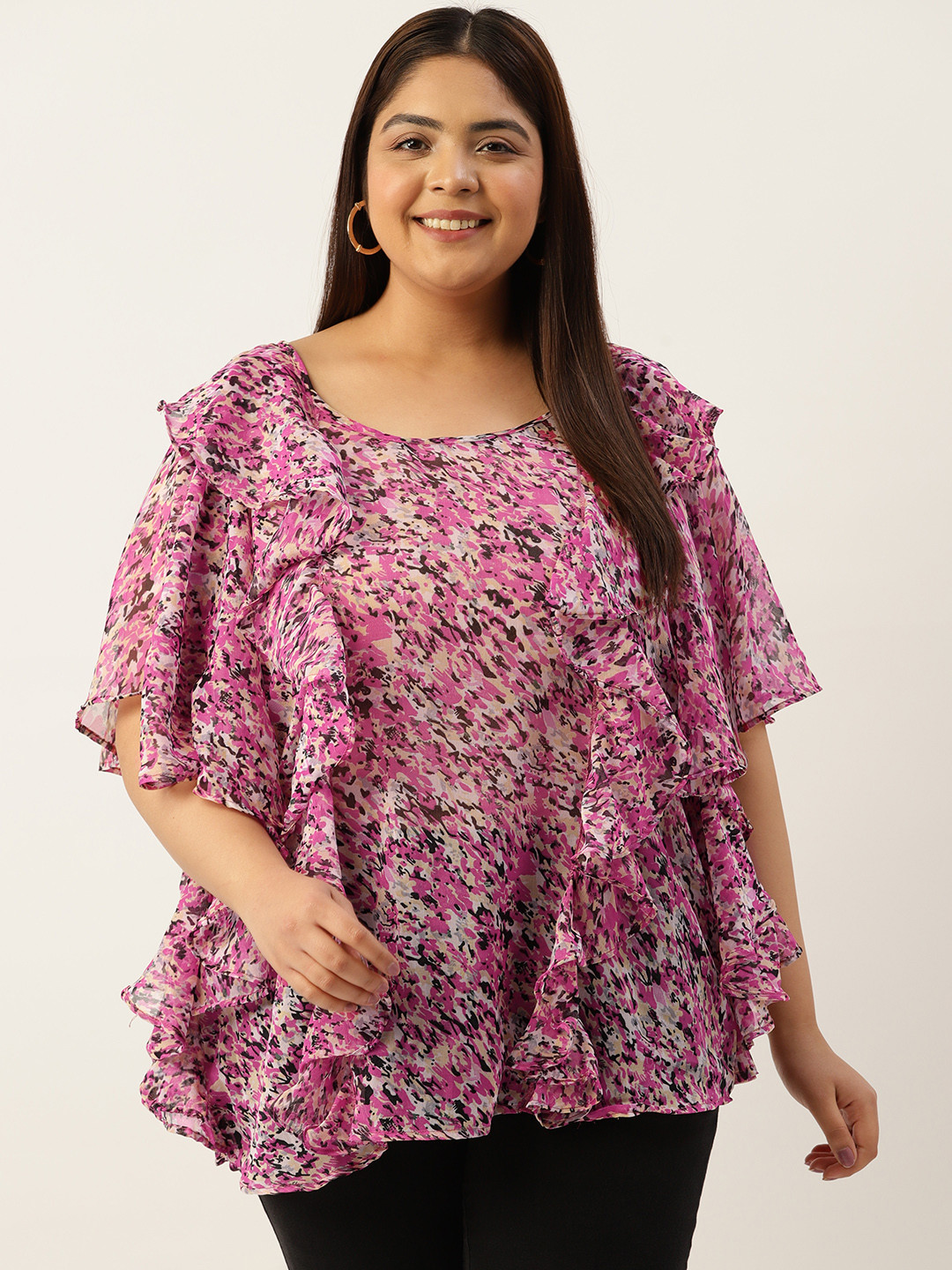 

theRebelinme Plus Size Abstract Print Flared Sleeves Ruffled Georgette Longline Top, Pink