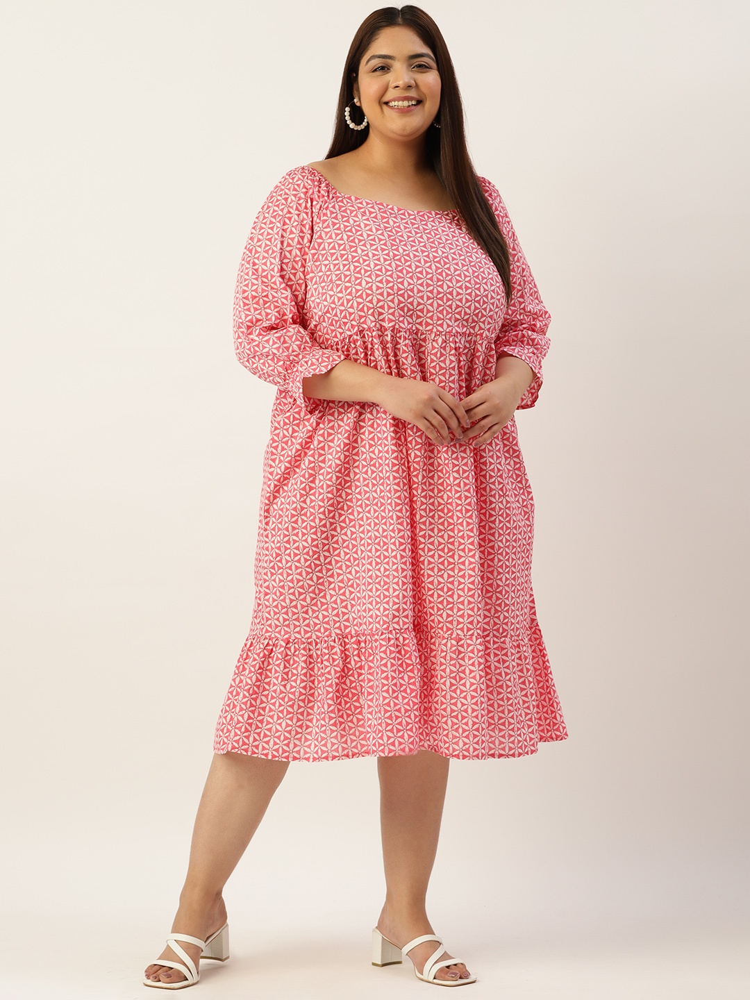 

theRebelinme Plus Size Floral Print Puff Sleeves Sweetheart Neck Pure Cotton Midi Dress, Pink