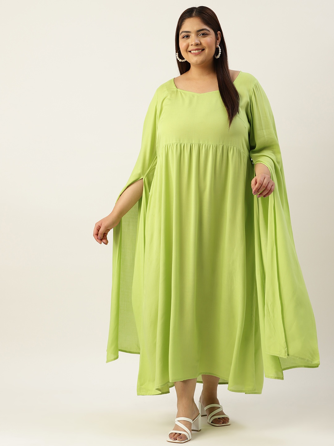 

theRebelinme Plus Size Slit Sleeves Sweetheart Neck A-Line Midi Dress, Green