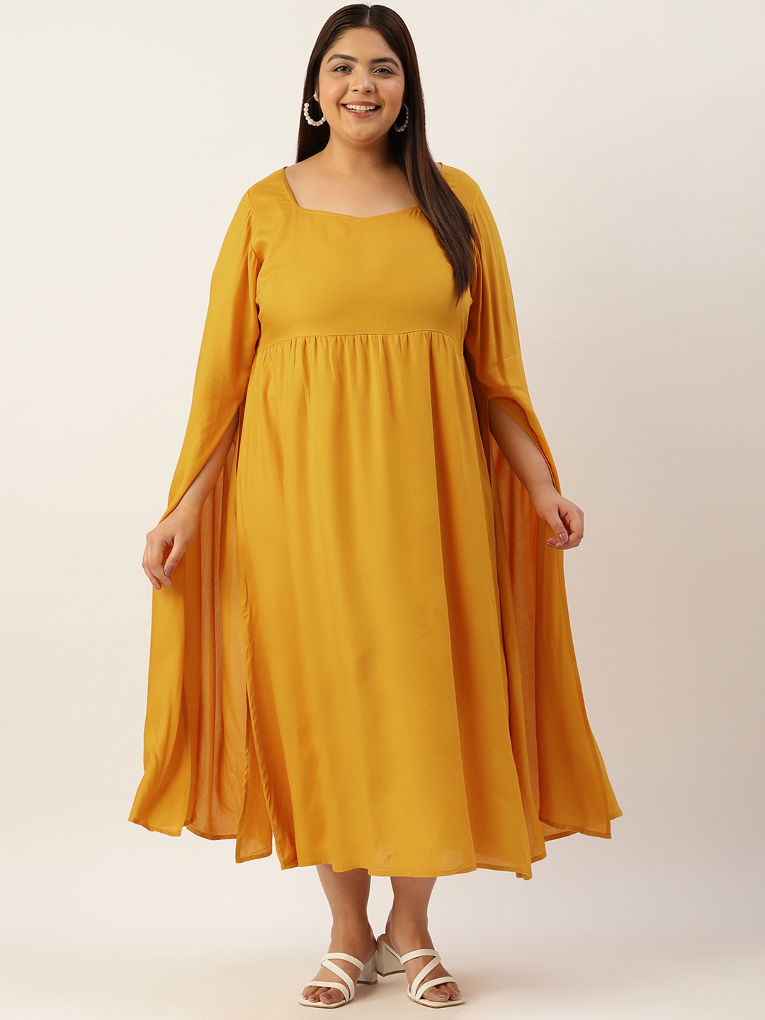 

theRebelinme Plus Size Slit Sleeves Sweetheart Neck A-Line Midi Dress, Mustard