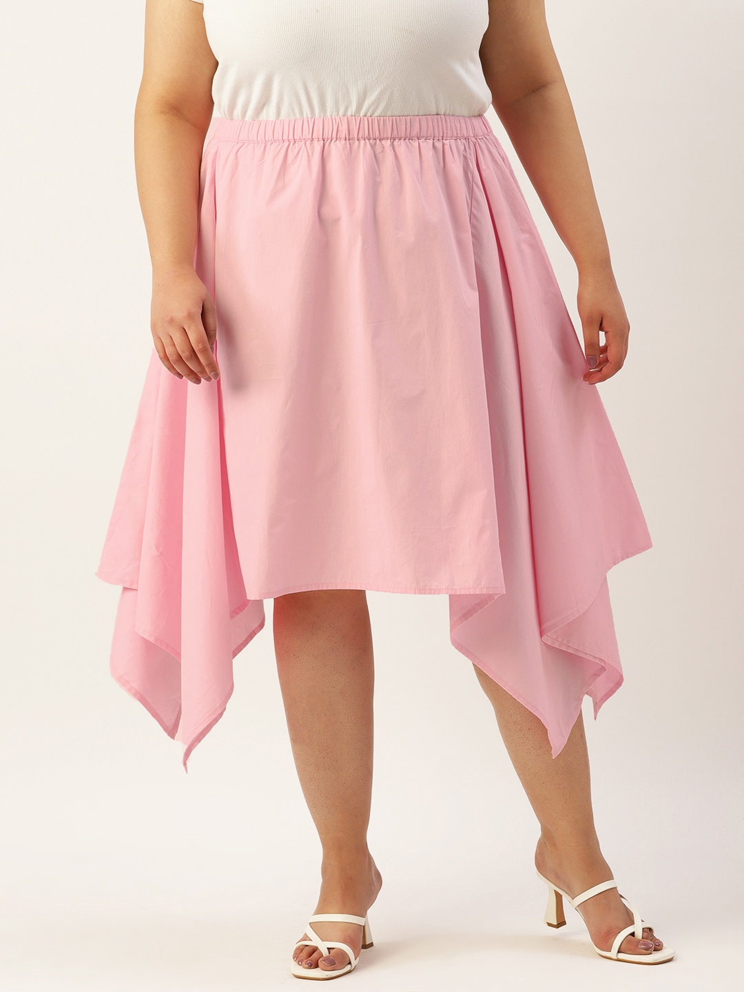 

theRebelinme Plus Size Asymmetrical Midi Pure Cotton Skirt, Pink