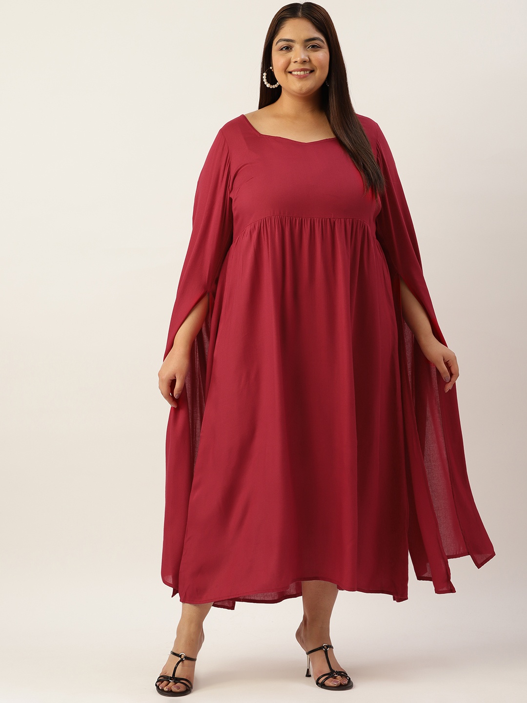 

theRebelinme Plus Size Slit Sleeves Sweetheart Neck A-Line Midi Dress, Maroon