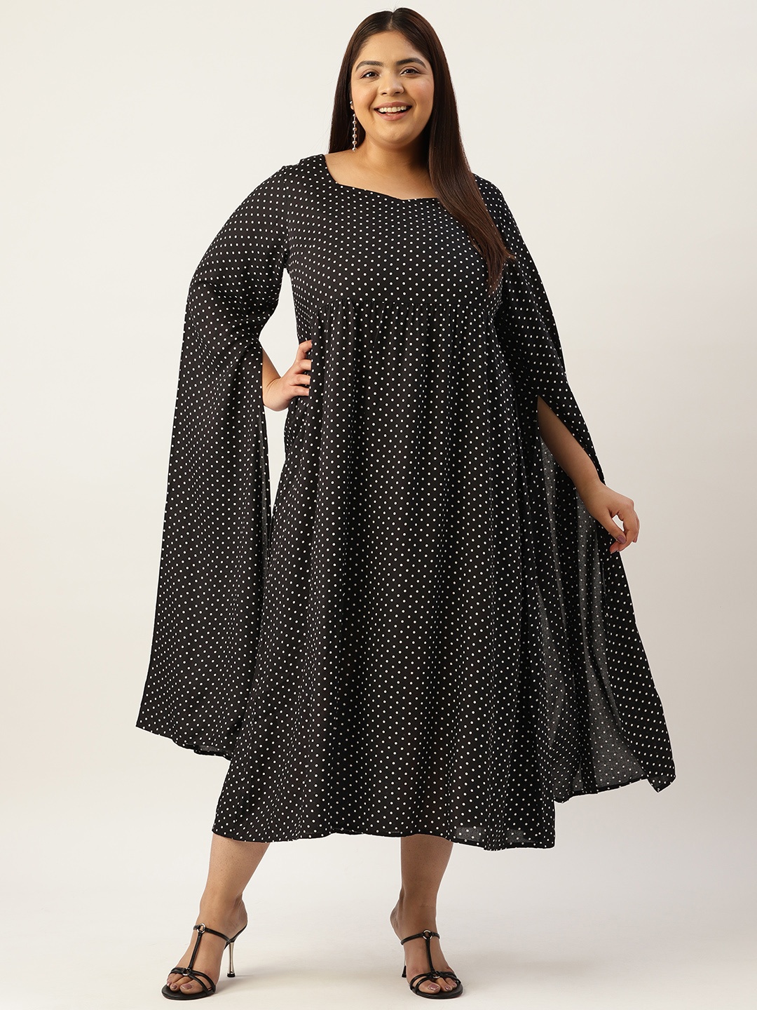 

theRebelinme Plus Size Polka Dots Printed Sweetheart Neck Slit Sleeves A-Line Midi Dress, Black