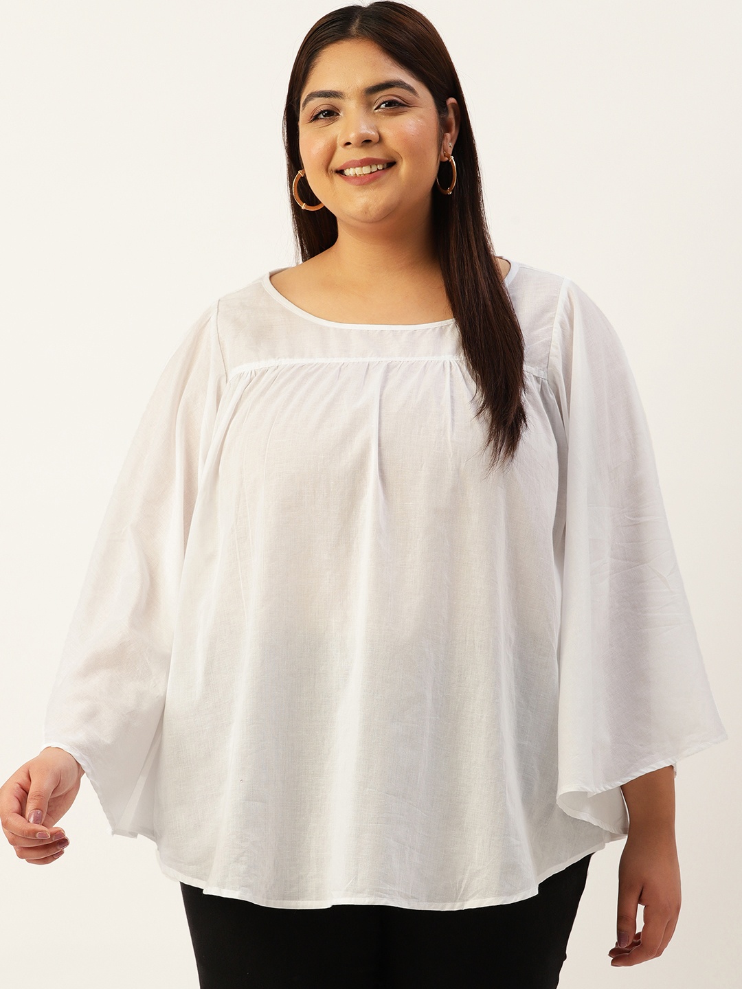 

theRebelinme Plus Size Boat Neck Flared Sleeves Pure Cotton Top, White