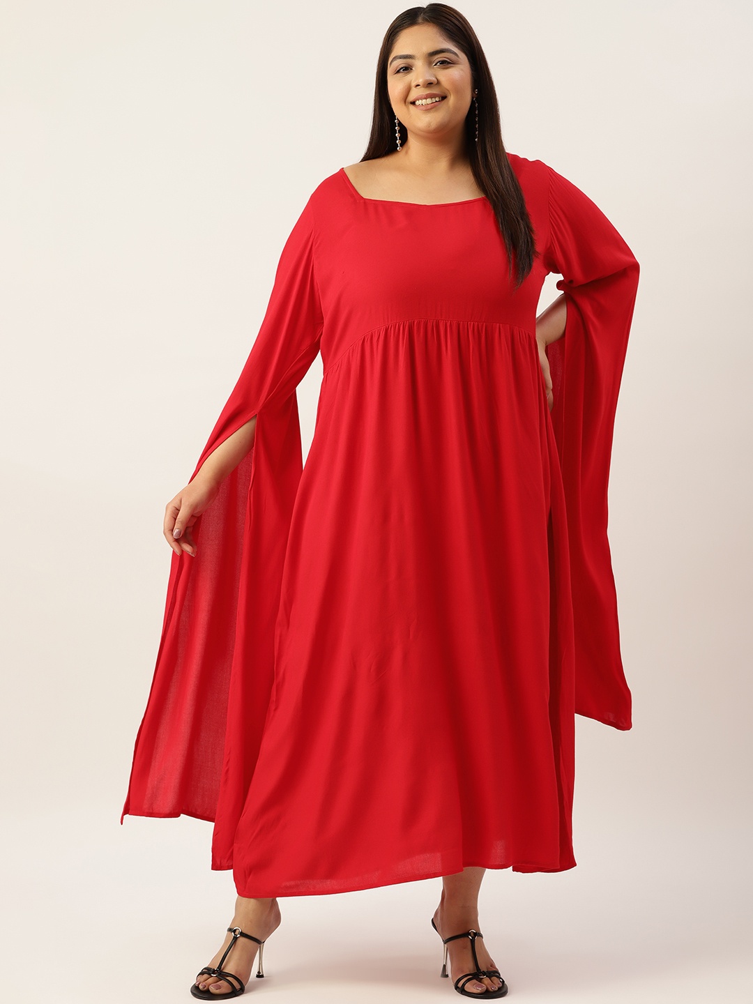 

theRebelinme Plus Size Slit Sleeves Sweetheart Neck Slit Sleeves A-Line Maxi Dress, Red