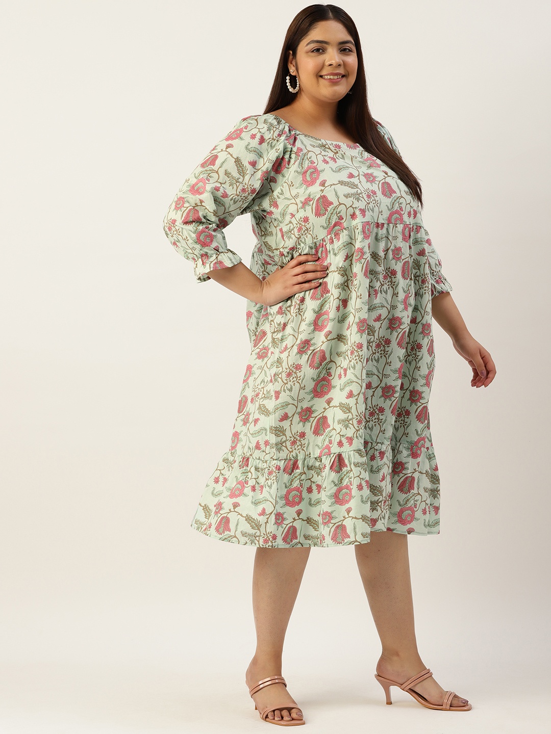 

theRebelinme Plus Size Floral Print Puff Sleeves Sweetheart Neck Pure Cotton Midi Dress, Sea green
