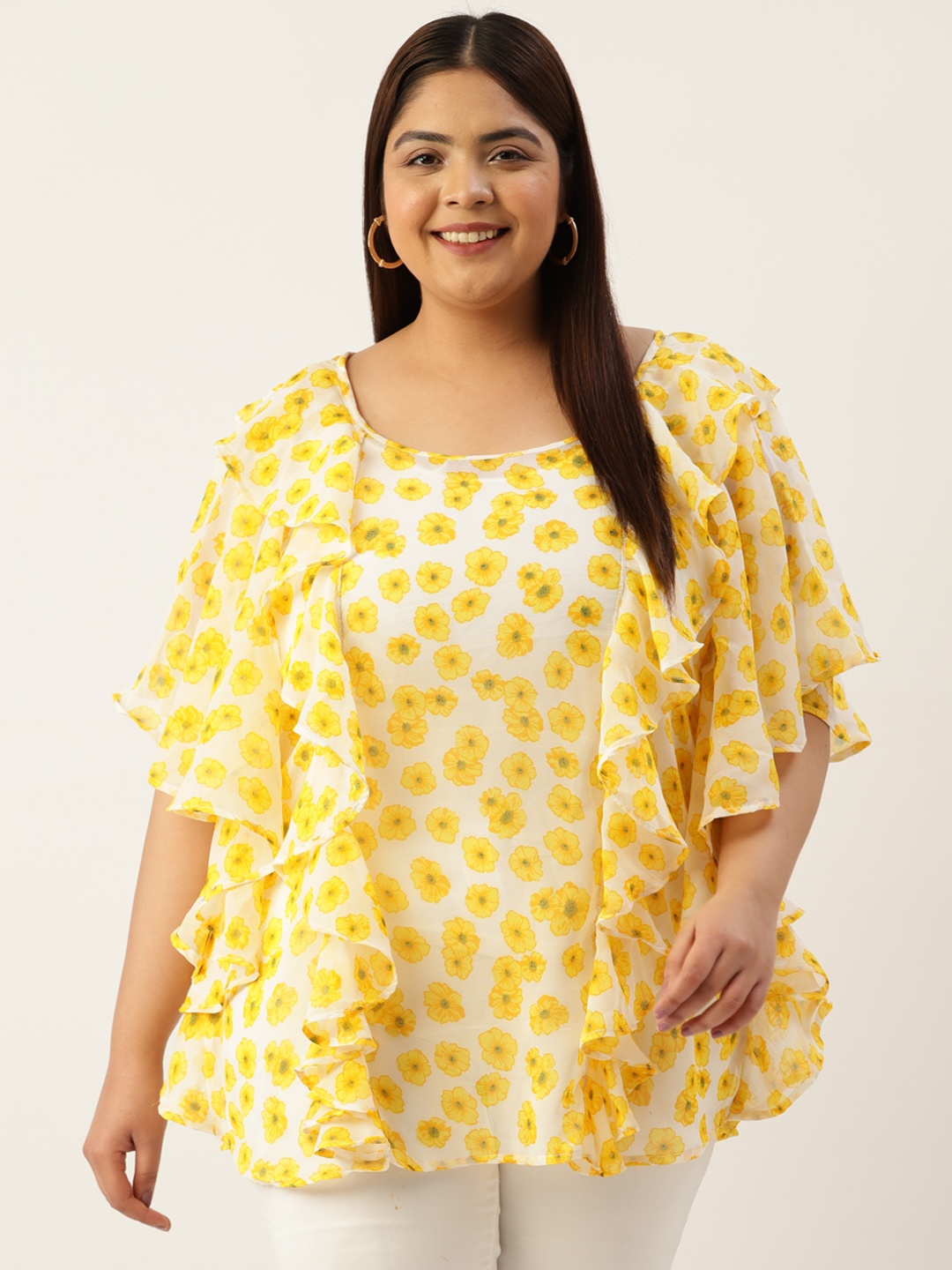 

theRebelinme Plus Size Floral Print Flared Sleeves Ruffled Georgette Longline Top, Yellow