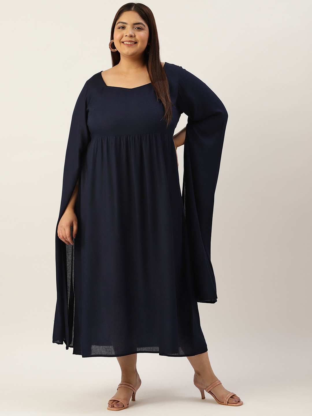 

theRebelinme Plus Size Slit Sleeves Sweetheart Neck A-Line Midi Dress, Navy blue